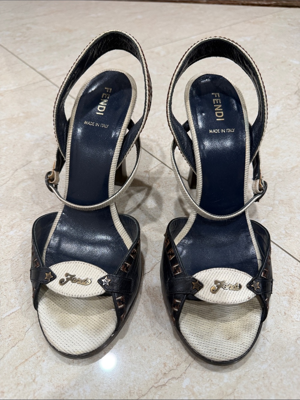 Fendi Navy and White Leather Slingback Heels